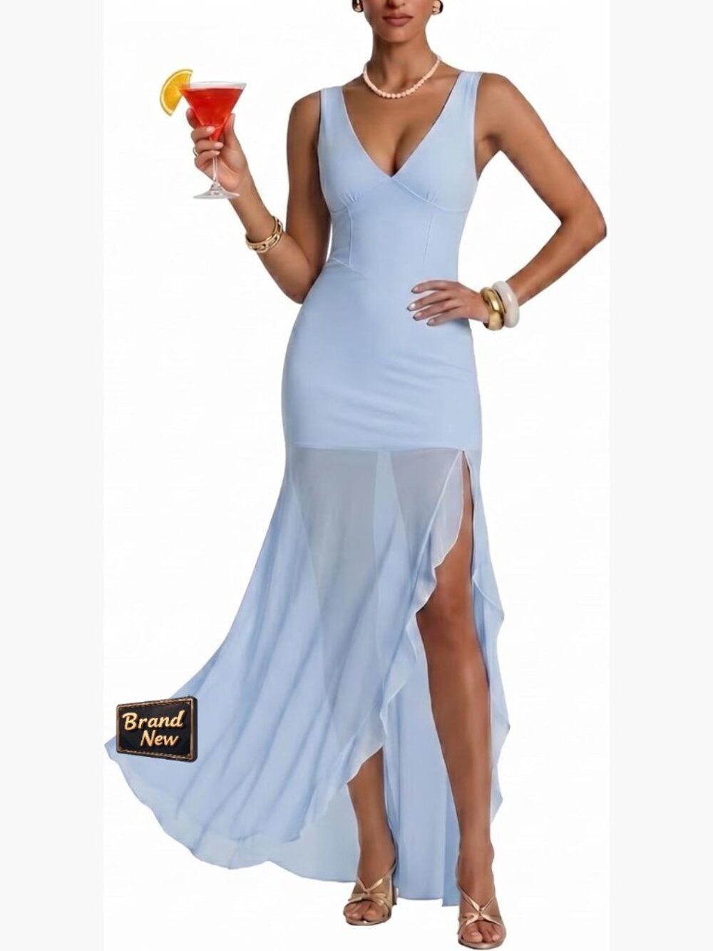V Neck Mesh Bodycon Maxi Dress Sleeveless Formal Party